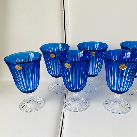 Vintage Crystal De France Blue Genuine Glasses Wine Goblets Of 6 - Picture 10 of 12